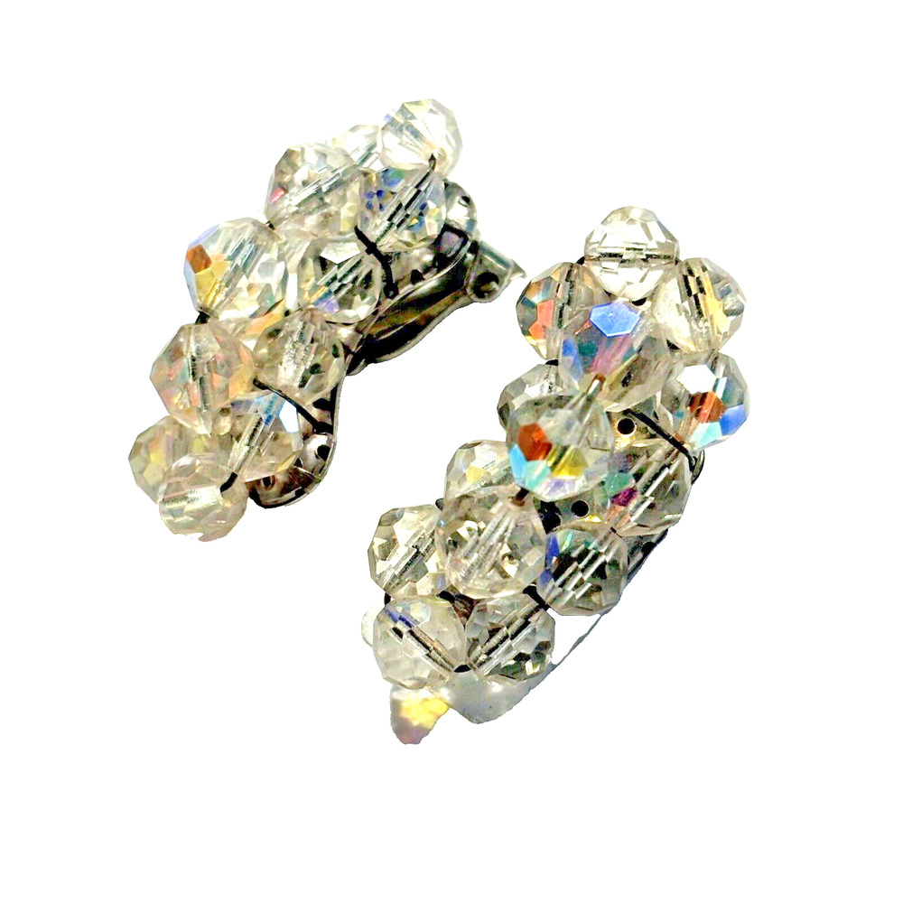 Vintage Mid Century Clear Crystal Clip On Earrings Silvertone Crescents Glam - Picture 2 of 8